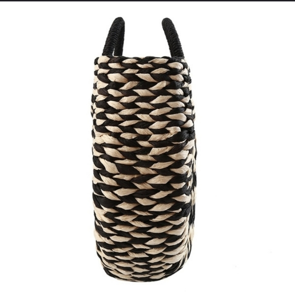 SALE Half Semi Circle Straw Ratan Woven Structured Tote Bag Black Cream Boho - Picture 4 of 10